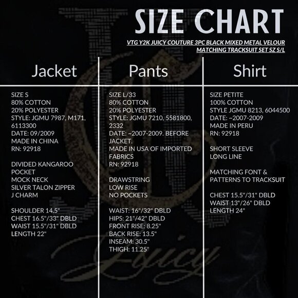 Vtg Y2K JUICY COUTURE 3pc Black Mixed Metal Velour Matching Tracksuit Set Sz S/L - Picture 4 of 11
